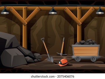 Mining Miner Cartoon Composition With Underground Scenery And Vintage Mine Facilities With Tools And Hard Hat Vector Illustration