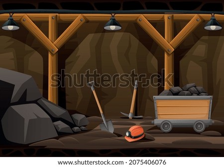 Mining miner cartoon composition with underground scenery and vintage mine facilities with tools and hard hat vector illustration