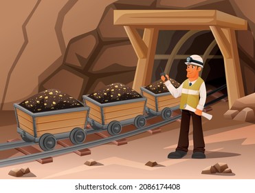 Mining miner cartoon composition with view of entrance with character of engineer and carts on rails vector illustration