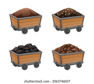 Mining miner cartoon set with four isolated images of wooden mine carts with wheels and coal vector illustration