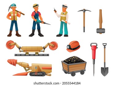 Mining miner cartoon set with isolated icons of manual instruments machinery and human characters of workers vector illustration