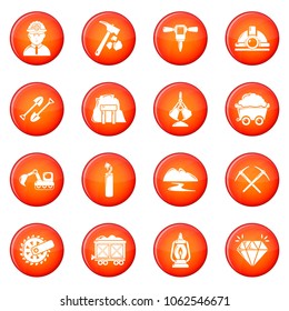 Mining minerals business icons set vector red circle isolated on white background 