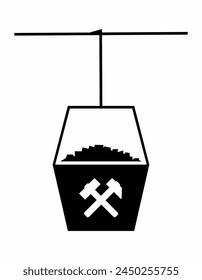 mining of minerals, cable car with coal cart, symbol, black color on white background, vector icon