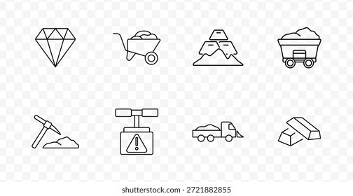 Icono de conjunto de minería y minerales. Iconos de línea que muestran diamante, carretilla, barras de oro, Carrito minero, pico, escala de peso, camión de volteo y lingotes de metal