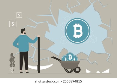 Mining money, collect money. Businessman trader uses pickaxe to get bitcoins in stone. Miner extracting cryptocoin out of rock. Concept of bitcoin or cryptocurrency mining, digital currency farming.