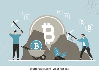 Mining money, collect money. Team of businessmen uses pickaxe to get bitcoins in stone. Miners extracting cryptocoin out of rock. Concept of bitcoin or cryptocurrency mining, digital currency farming.