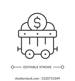 Mining money linear icon. Mining cart and dollar sign. Wealth, finance and profit concepts. Financial gain. Thin line illustration. Contour symbol. Vector outline drawing. Editable stroke