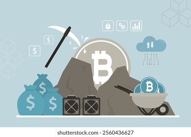 Mining money using video cards, collect crypto money. Giant pickaxe to get bitcoin in stone. Extracting cryptocoin out of rock. Concept of bitcoin or cryptocurrency mining, digital currency farming.