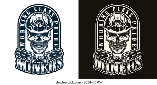 Mining monochrome vintage badge with mustached skull in helmet with flashlight and dynamites isolated vector illustration