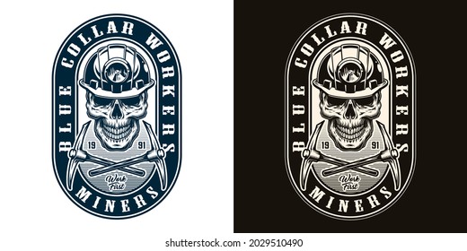 Mining monochrome vintage label with skull in miner helmet and crossed pickaxes isolated vector illustration