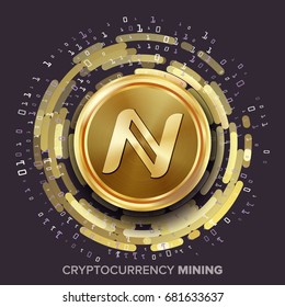 Mining Namecoin Cryptocurrency Vector. Golden Coin, Digital Stream. Futuristic Money. Fintech Blockchain. Processing Binary Data Arrays Operation. Cryptography, Financial Technology Illustration