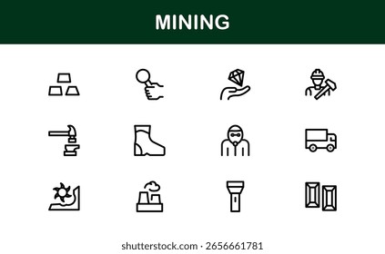 Operaciones de minería Paquete de iconos de línea moderna: Profesional Colección mínima de maquinaria de excavación Símbolos de Carrito de mineral de transportador de casco de pico para mercados