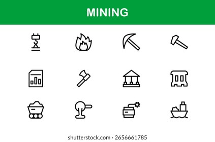 Mineração Operações Modern Line Icon Pack - Professional Minimal Collection of Excavation Machinery Pickaxe Helmet Conveyor Ore Cart Symbols for Marketplaces