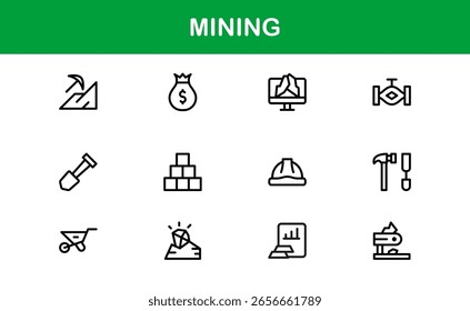 Mining Operations Modern Line Icon Pack – Professional Minimal Collection of Excavation Machinery Pickaxe Helmet Conveyor Ore Cart Symbols for Marketplaces