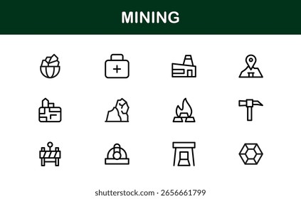 Mining Operations Modern Line Icon Pack – Professional Minimal Collection of Excavation Machinery Pickaxe Helmet Conveyor Ore Cart Symbols for Marketplaces