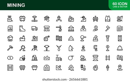 Mining Operations Modern Line Icon Pack – Professional Minimal Collection of Excavation Machinery Pickaxe Helmet Conveyor Ore Cart Symbols for Marketplaces