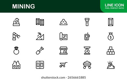Mineração Operações Modern Line Icon Pack - Professional Minimal Collection of Excavation Machinery Pickaxe Helmet Conveyor Ore Cart Symbols for Marketplaces
