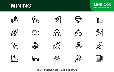 Mining Operations Modern Line Icon Pack – Professional Minimal Collection of Excavation Machinery Pickaxe Helmet Conveyor Ore Cart Symbols for Marketplaces