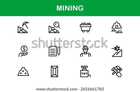 Mining Operations Modern Line Icon Pack – Professional Minimal Collection of Excavation Machinery Pickaxe Helmet Conveyor Ore Cart Symbols for Marketplaces
