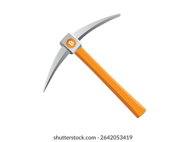 Mining pickaxe with Bitcoin logo on handle against a clean white background illustrating cryptocurrency mining concept.