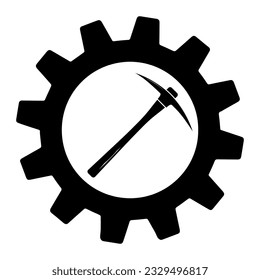 Mining pickaxe equipment tool in gear isolated symbol on background
