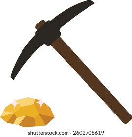 A mining pickaxe leans against a shiny gold nugget, showcasing a simple yet striking flat design that captures the essence of mining in a minimalist approach.