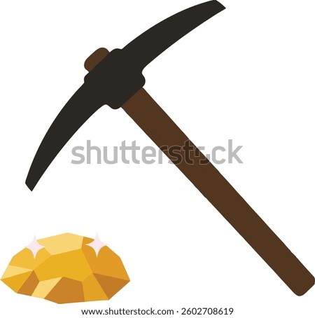 A mining pickaxe leans against a shiny gold nugget, showcasing a simple yet striking flat design that captures the essence of mining in a minimalist approach.
