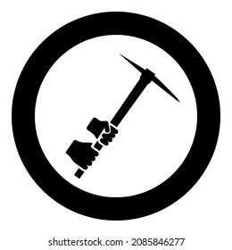 Mining pickaxe Mattock pick axe in hand icon in circle round black color vector illustration image solid outline style simple