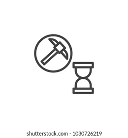 Mining pickaxe and sandglass outline icon. linear style sign for mobile concept and web design. Cryptocurrency mining hush rate simple line vector icon. Symbol, logo illustration.