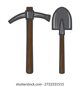 Mining pickaxe and shovel tools illustration. Vintage style worker equipment. Professional excavation gear graphics.