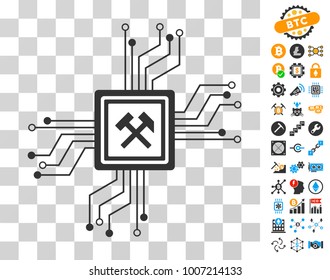 Mining Pool Circuit icon with bonus bitcoin mining and blockchain images. Vector illustration style is flat iconic symbols. Designed for blockchain websites.