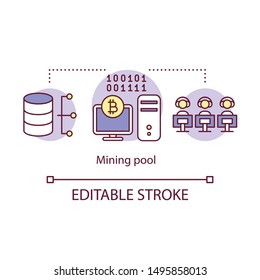 Mining pool concept icon. Cryptocurrency network idea thin line illustration. Resources pooling. Transaction validation. Bitcoin miner. Vector isolated outline drawing. Editable stroke