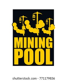 Mining pool logo. Extraction of Bitcoin Crypto Currencies. Worker with pickaxe. Vector illustration
