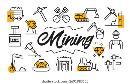 Mining poster. Mining banner design with industry icons. Pickaxe, Cart, Helmet, Diamond, Drill icons. Simple poster for presentations, covers. Banner template. Vector illustration.
