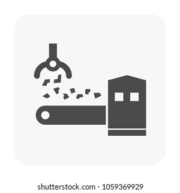 Mining processing industry vector icon. Industrial machine, equipment with tong, conveyor belt for lifting, transport, sorting and carry material from quarry i.e. ore, coal and rock to factory plant.