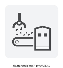 Mining processing industry vector icon. Industrial machine, equipment with tong, conveyor belt for lifting, transport, sorting and carry material from quarry i.e. ore, coal and rock to factory plant.