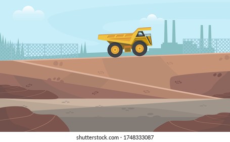 Mining in the quarry. Career background concept with career truck. Extraction of diamonds, stones, minerals in a quarry. Vector illustration.