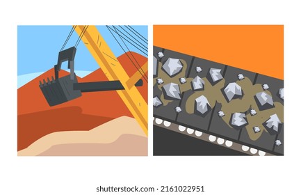 Mining quarry with extractive machinery and ore production line. Metallurgical industry, steel and alloys production vector illustration