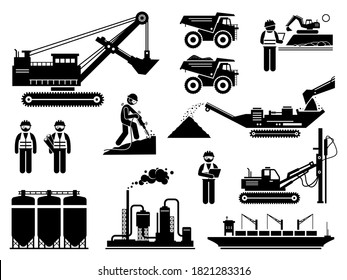 Mining quarry site workers and heavy machinery icons set. Vector illustrations of engineers, excavator, dump truck, mine plant infrastructure. 