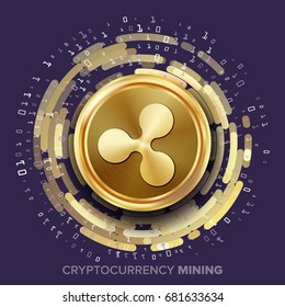 Mining Ripple Cryptocurrency Vector. Golden Coin, Digital Stream. Futuristic Money. Fintech Blockchain. Processing Binary Data Arrays Operation. Cryptography, Financial Technology Illustration