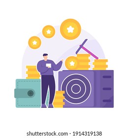 a mining robot concept, iot mining, crypto money generator. illustration of a man using a mining machine to get crypto money and keep it in a wallet. flat style. vector design