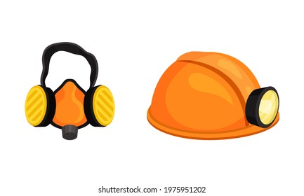 Mining Safety Equipment with Hard Hat with Flashlight and Ear Protection Vector Set
