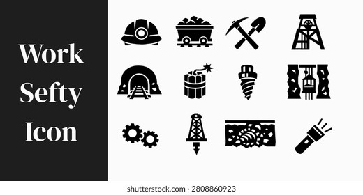 Mining Safety Solid Glyph Icon Set – Work Safety, Helmet, Protective Equipment and Industrial Vector Icons