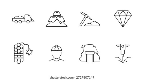 Icono de conjunto de minería. Camión volquete, barras de oro, pico, diamante, dinamita, casco, túnel de mina, martillo neumático ilustrado en estilo industrial lineal fuerte.