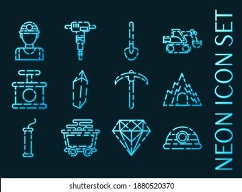 Mining set icons. Blue glowing neon style.