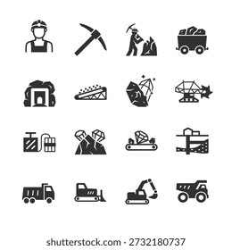 Mining and mining, a set of monochrome icons. Mining, mines and quarries, mining, equipment and machinery, processing of raw materials, logistics. The style of black and white characters.