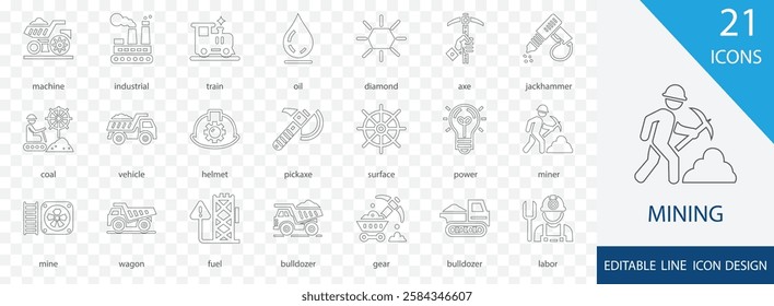 Mining simple icon collection set. containing truck, surface, ground, wagon, bulldozer and more stroke icons