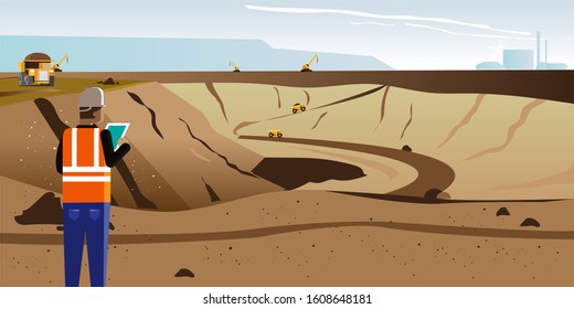 The mining site on a sunny morning with blue clouds. Deep mining. Someone is controlling the situation at the mine