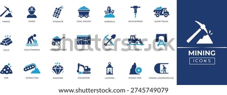 Mining solid icon collection. Containing Mining, Bulldozer, Gold, Diamond, Ground, Shovel, Mine, Torch, Mining Saw and Minerals. Editable perfect icon collection.