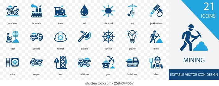 Mining solid icon set. containing truck, surface, ground, wagon, bulldozer and more vector design